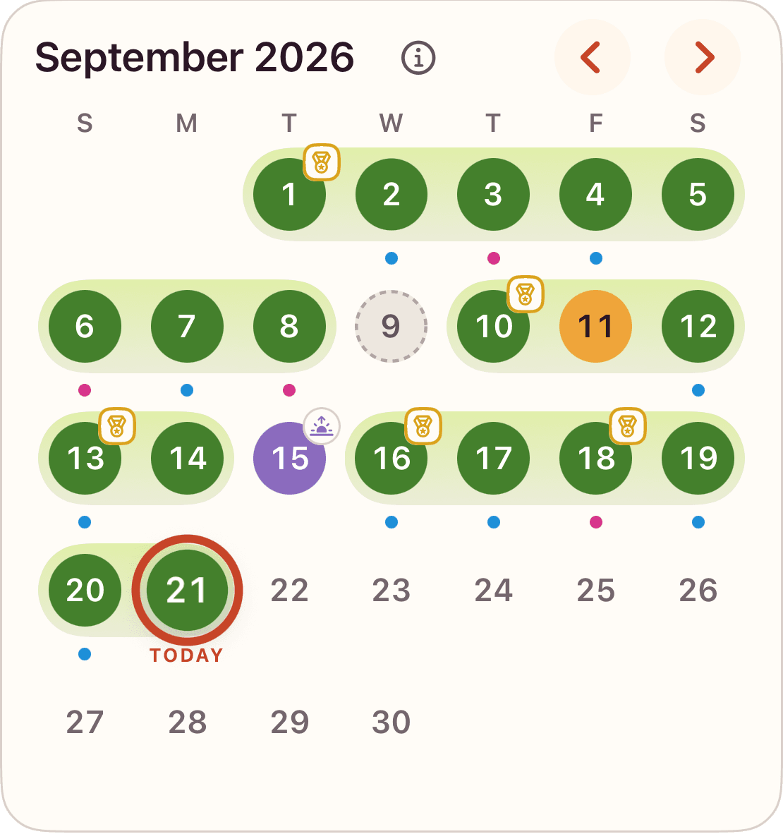 Example SoberTrail calendar showing alcohol-free, drank, and unrecorded days