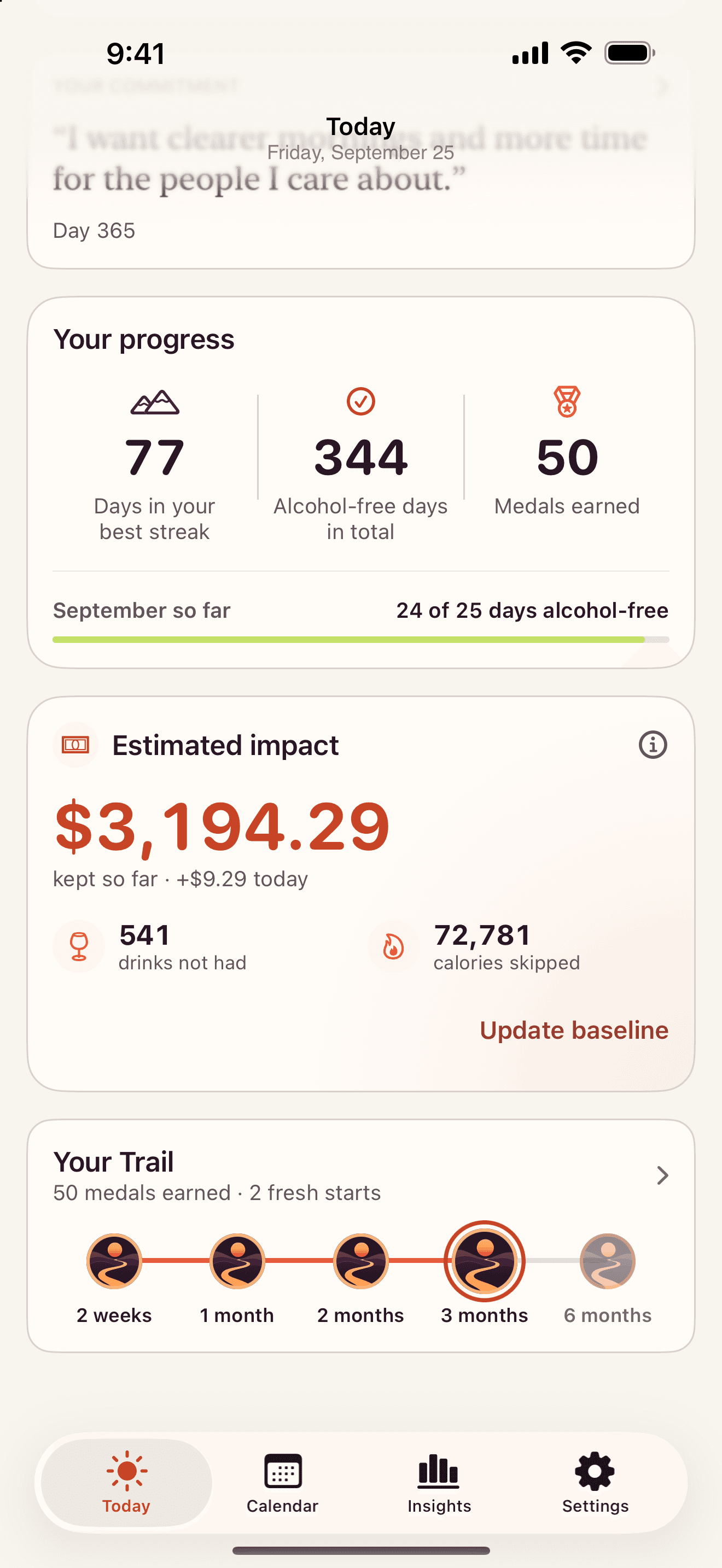 SoberTrail’s Today screen in an example journey